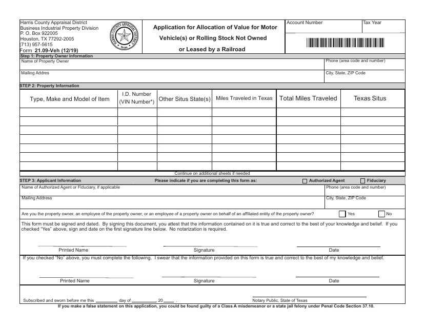 Form 21.09-VEH Application for Allocation of Value for Motor Vehicle(S) or Rolling Stock Not Owned or Leased by a Railroad - Harris County, Texas