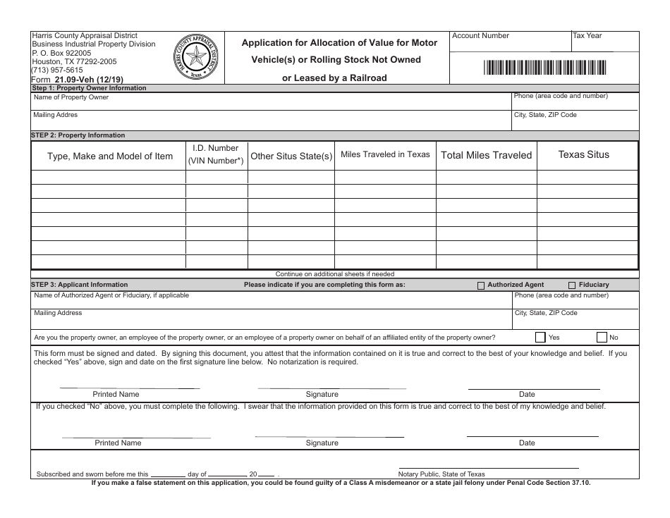 Form 21.09-VEH Application for Allocation of Value for Motor Vehicle(S) or Rolling Stock Not Owned or Leased by a Railroad - Harris County, Texas, Page 1