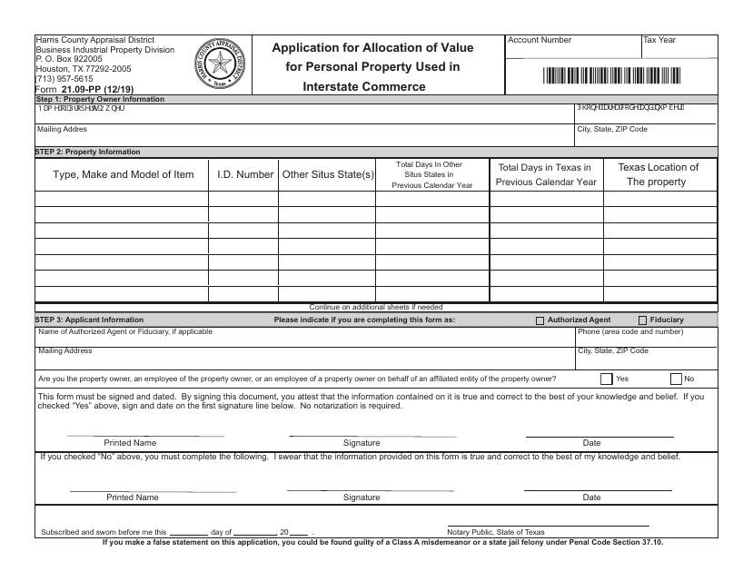 Form 21.09-PP Application for Allocation of Value for Personal Property Used in Interstate Commerce - Harris County, Texas