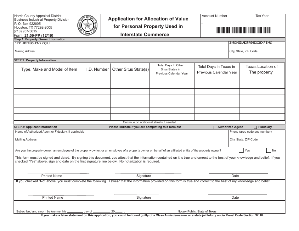 Form 21.09-PP Application for Allocation of Value for Personal Property Used in Interstate Commerce - Harris County, Texas, Page 1