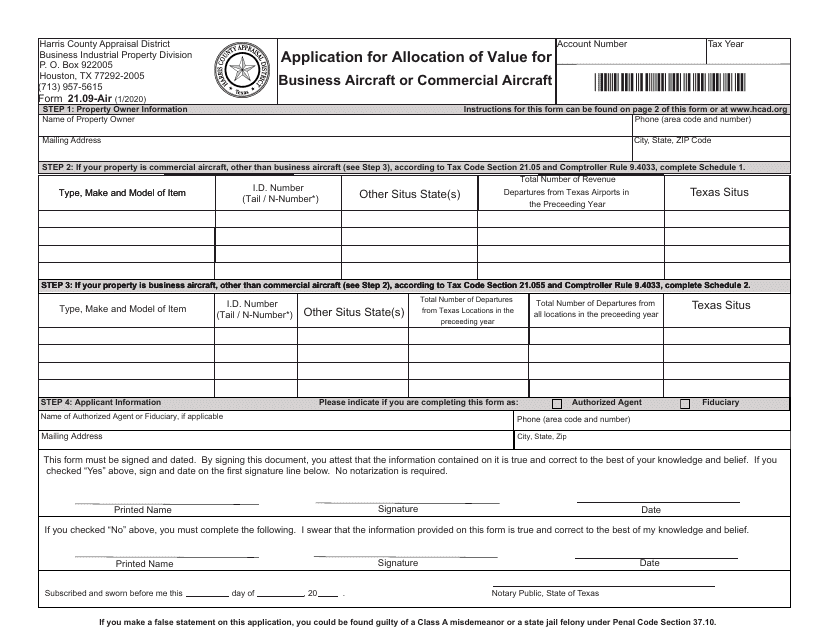 Form 21.09-AIR Application for Allocation of Value for Business Aircraft or Commercial Aircraft - Harris County, Texas