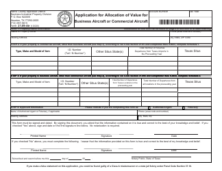Form 21.09-AIR Application for Allocation of Value for Business Aircraft or Commercial Aircraft - Harris County, Texas