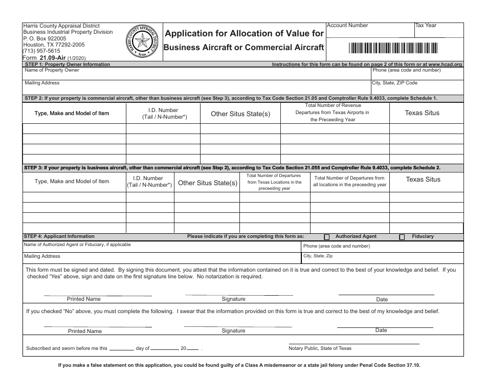 Form 21.09-AIR Application for Allocation of Value for Business Aircraft or Commercial Aircraft - Harris County, Texas, Page 1