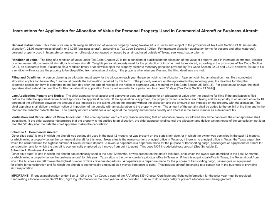 Form 21.09-AIR Application for Allocation of Value for Business Aircraft or Commercial Aircraft - Harris County, Texas, Page 2