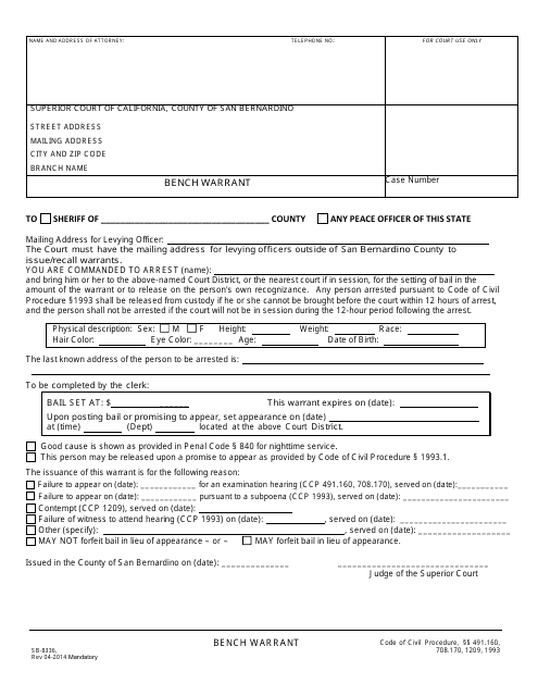 Form SB-8336 Bench Warrant - County of San Bernardino, California