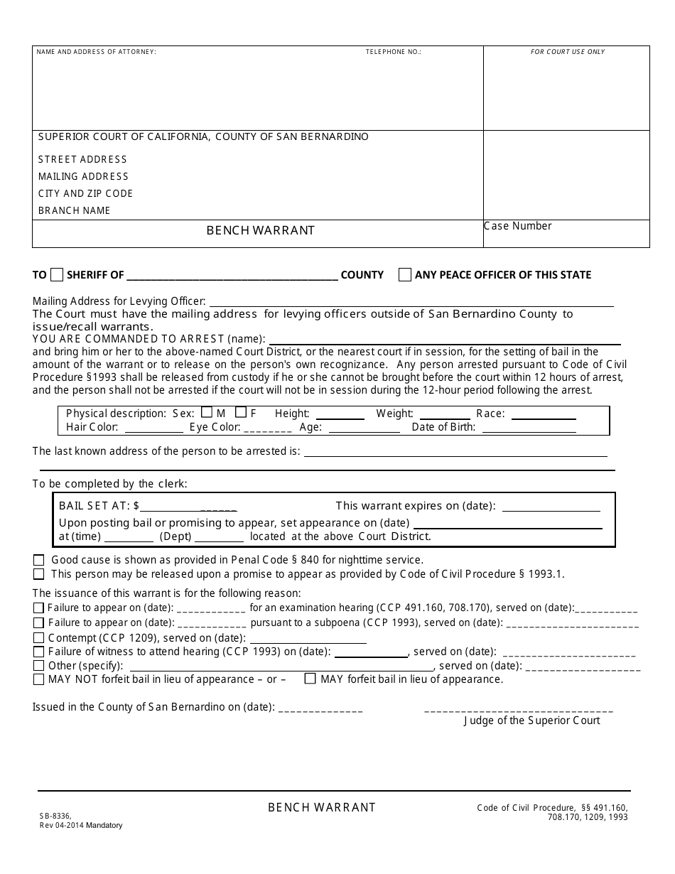 Form SB-8336 Bench Warrant - County of San Bernardino, California, Page 1
