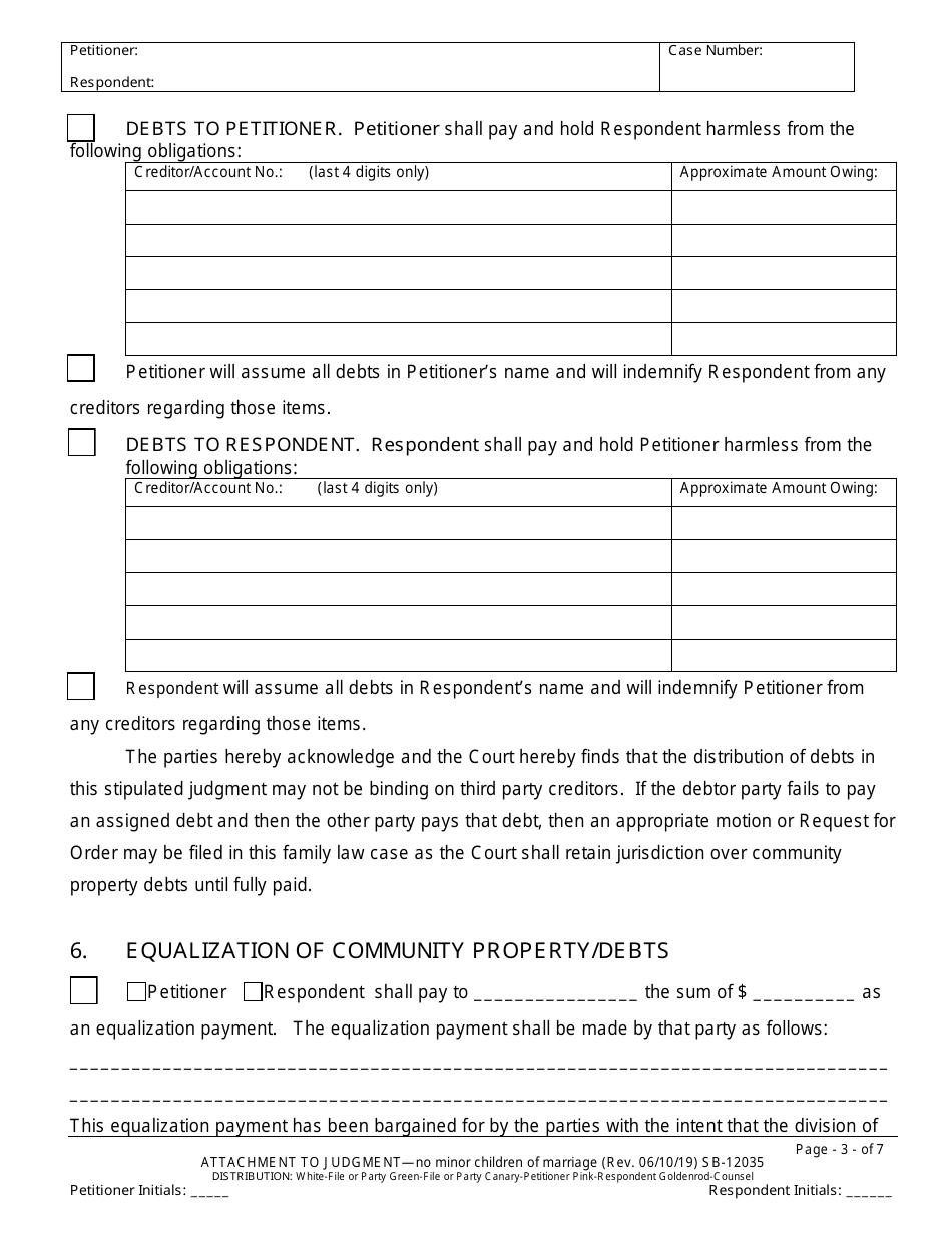 Form SB-12035 Agreement for Judgment - No Children - County of San Bernardino, California, Page 3