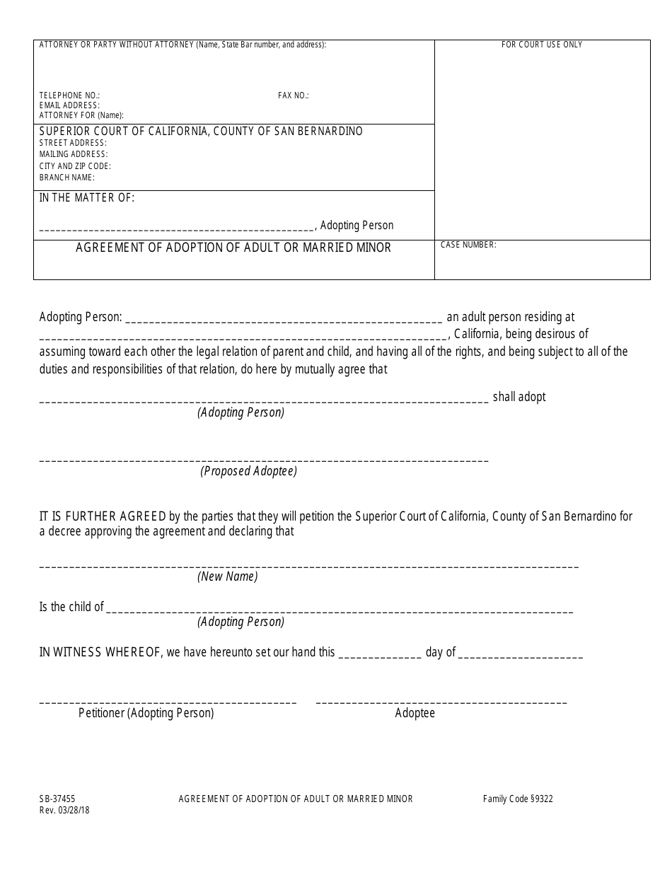 Form SB-37455 Agreement of Adoption of Adult or Married Minor - County of San Bernardino, California, Page 1
