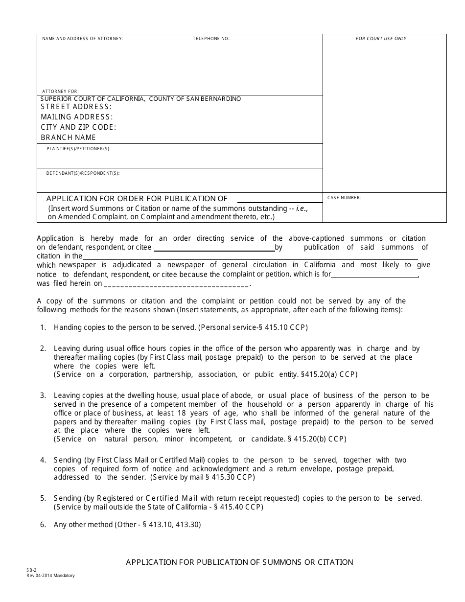 Form SB-2 Application for Order for Publication - County of San Bernardino, California, Page 1