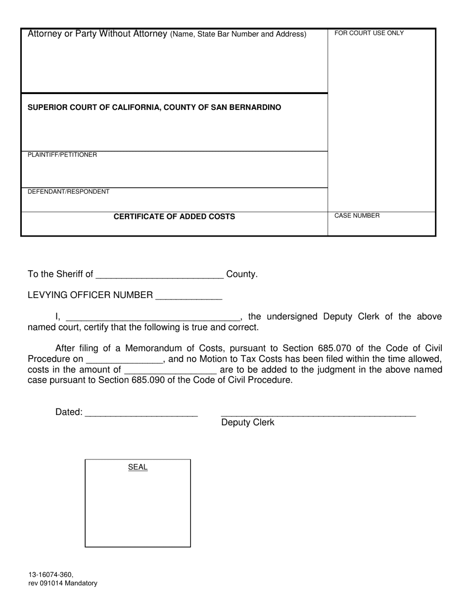 Form 13-16074-360 Certificate of Added Costs - County of San Bernardino, California, Page 1