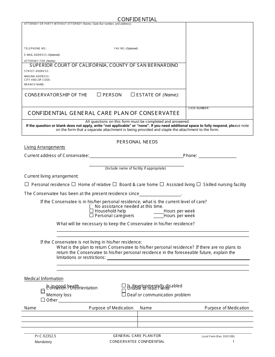 Form SB-10120 Confidential General Care Plan of Conservatee - County of San Bernardino, California, Page 1