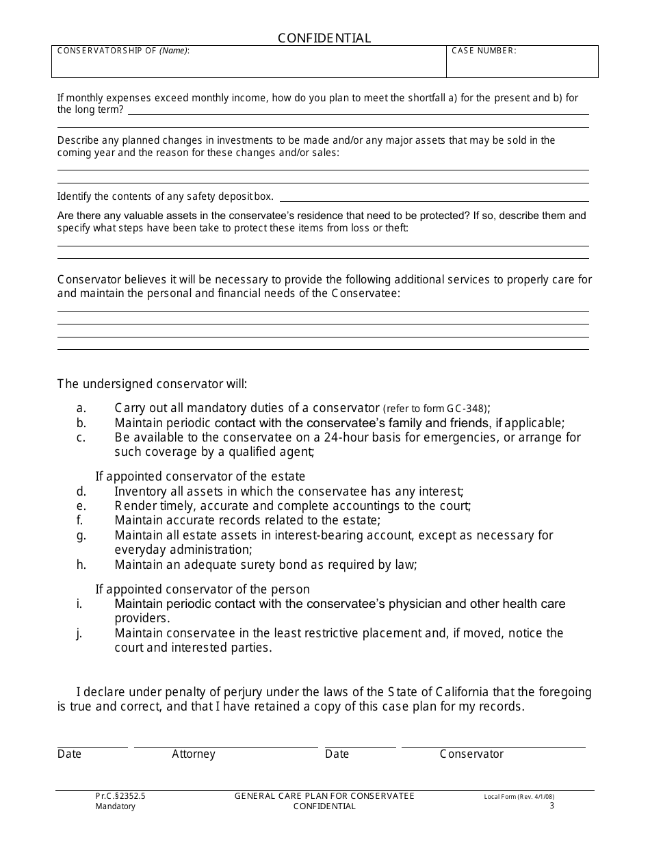 Form SB-10120 Confidential General Care Plan of Conservatee - County of San Bernardino, California, Page 3