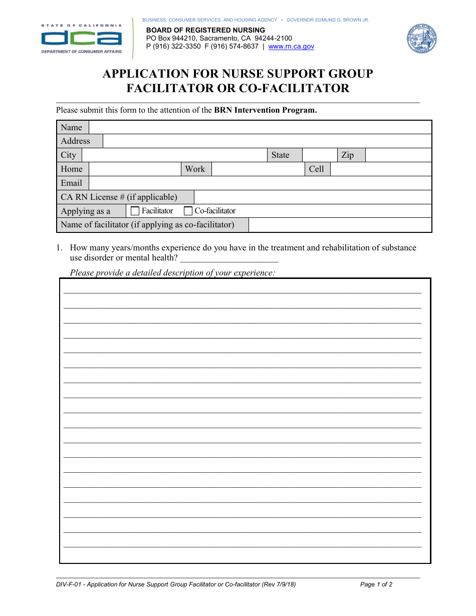 Form DIV-F-01 Application for Nurse Support Group Facilitator or Co-facilitator - California, Page 1