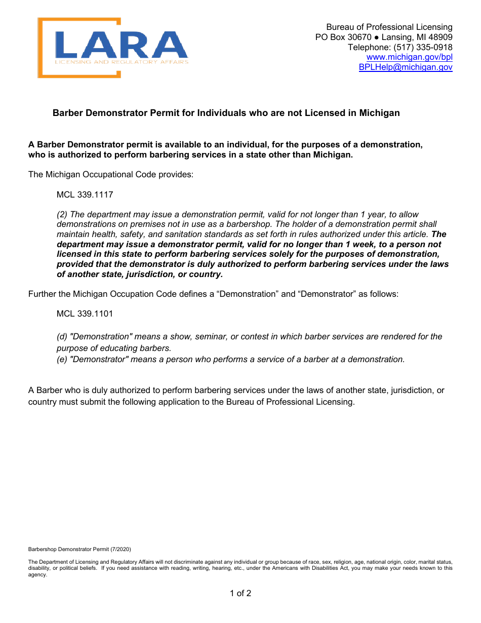 Michigan Barber Demonstrator Permit Application Fill Out, Sign Online