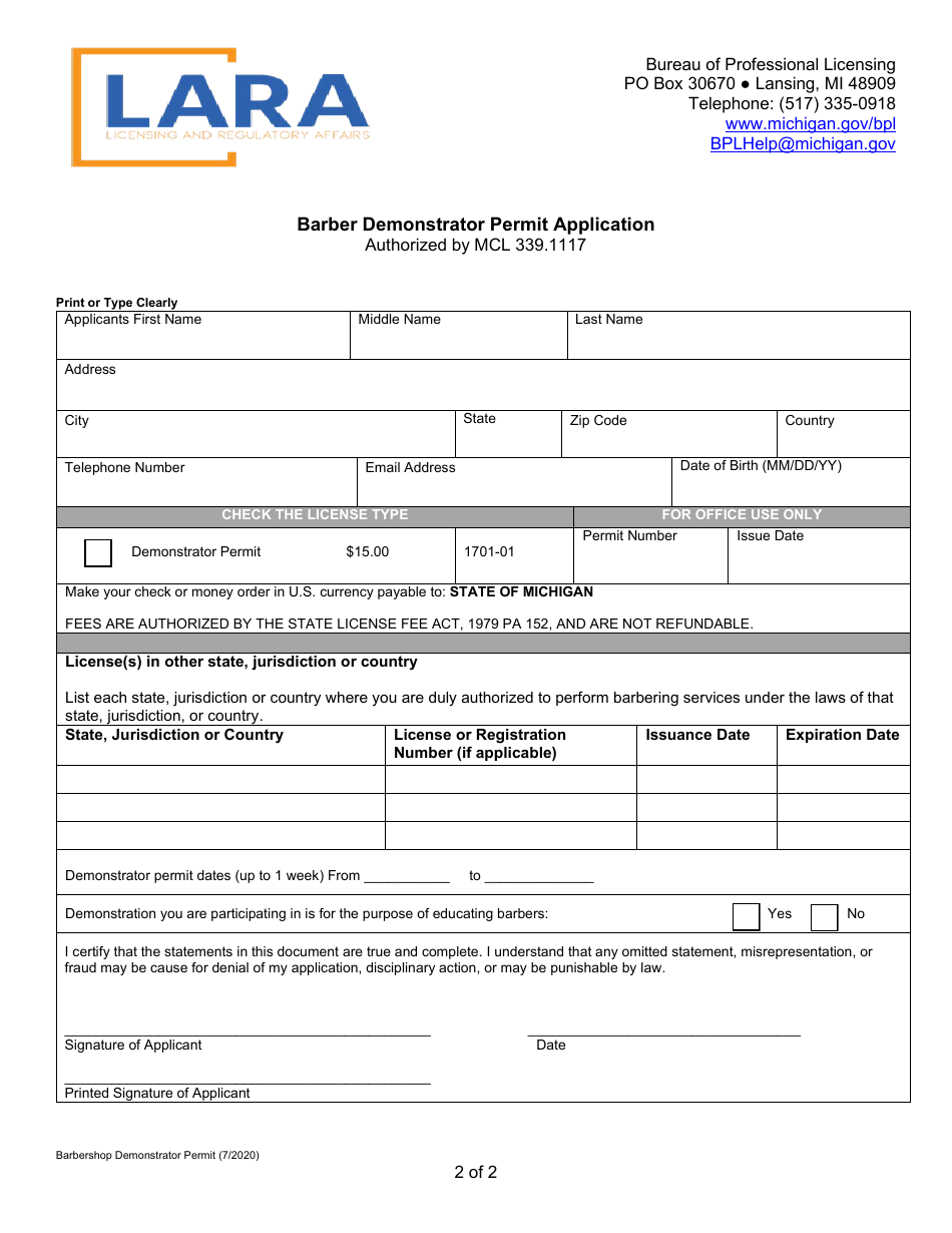 Barber Demonstrator Permit Application - Michigan, Page 2