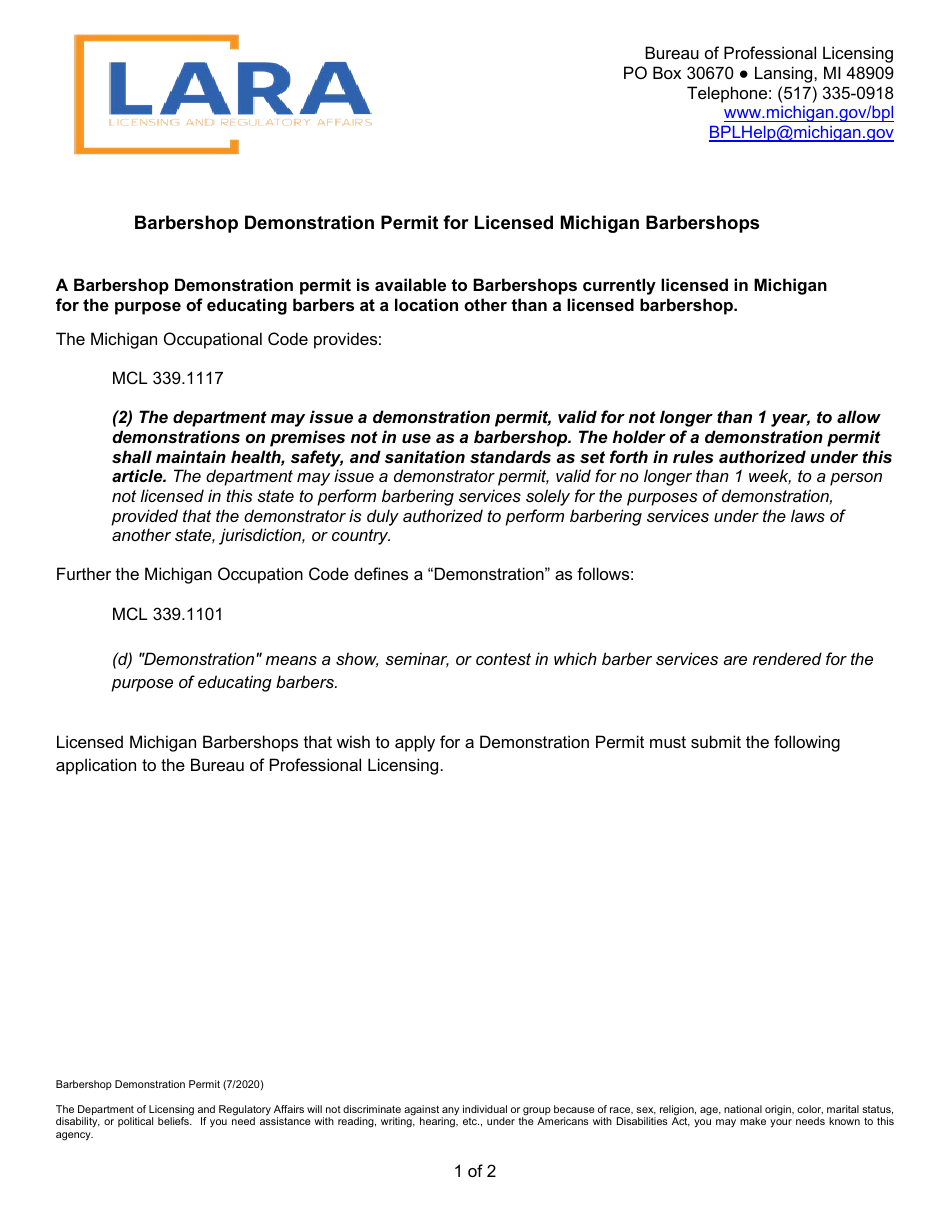 Barbershop Demonstration Permit Application - Michigan, Page 1