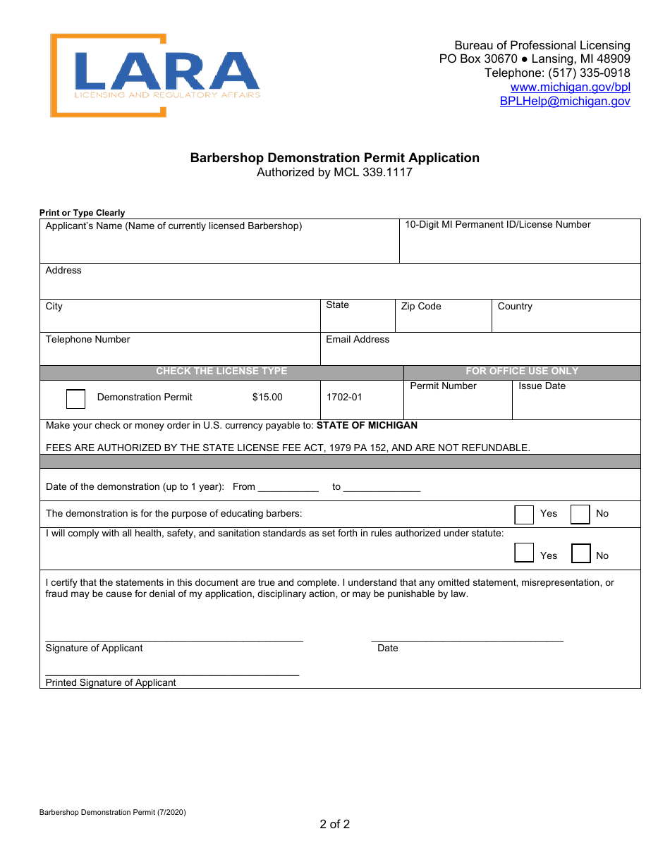 Barbershop Demonstration Permit Application - Michigan, Page 2