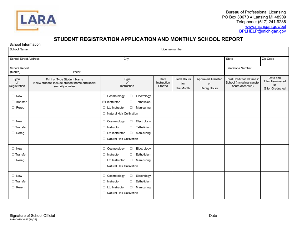 Form LARACOSSCHRPT Student Registration Application and Monthly School Report - Michigan, Page 1