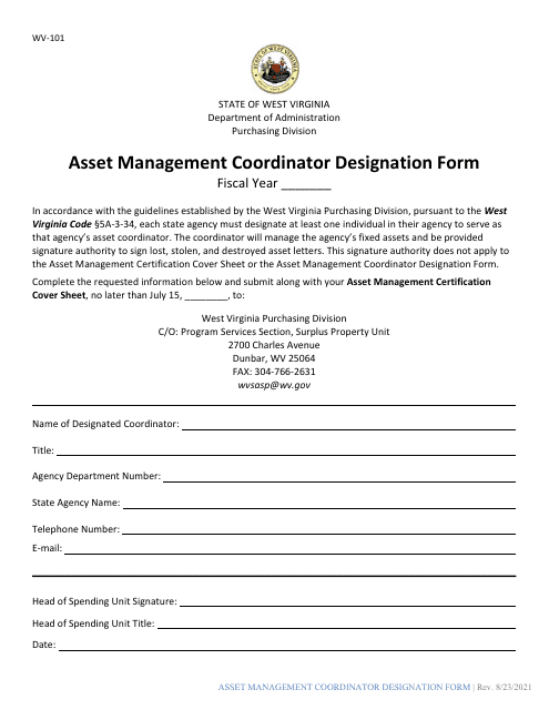 Form WV-101 Asset Management Coordinator Designation Form - West Virginia