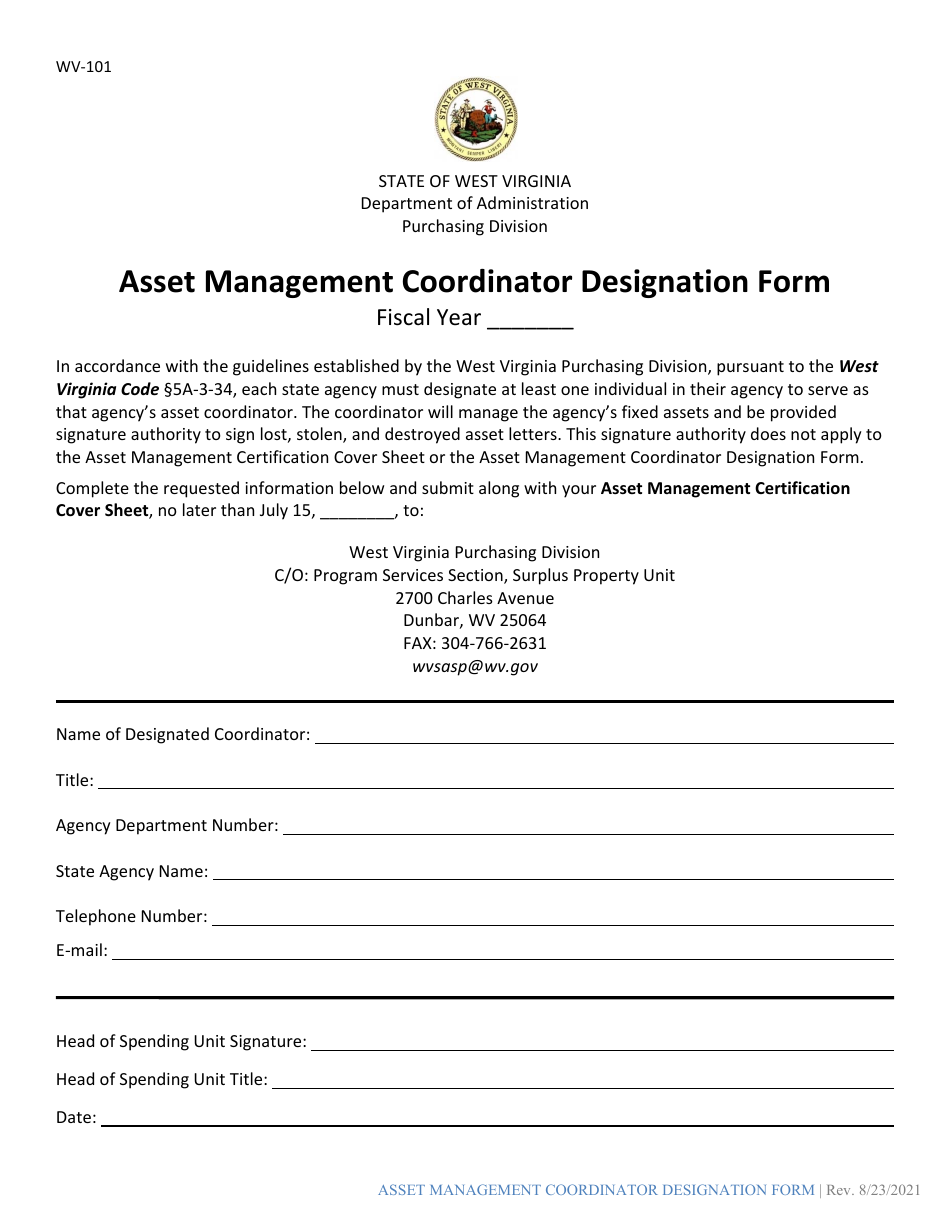 Form WV-101 Asset Management Coordinator Designation Form - West Virginia, Page 1