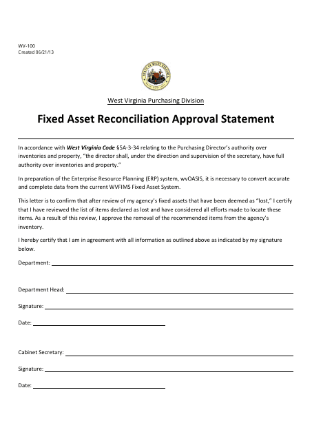 Form WV-100 Fixed Asset Reconciliation Approval Statement - West Virginia