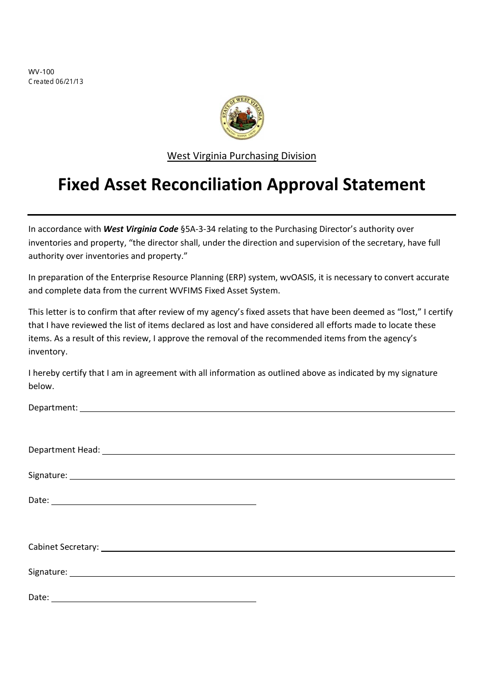 Form WV-100 Fixed Asset Reconciliation Approval Statement - West Virginia, Page 1