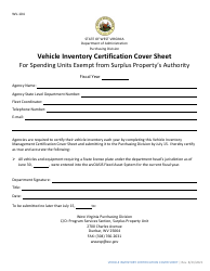 Document preview: Form WV-104 Vehicle Inventory Certification Cover Sheet for Spending Units Exempt From Surplus Property's Authority - West Virginia
