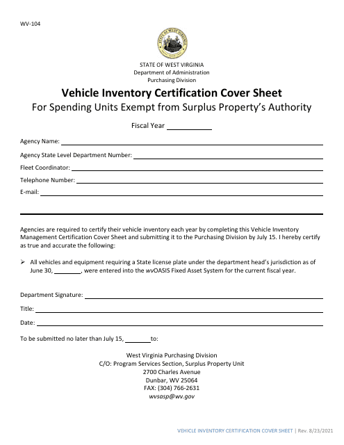 Form WV-104 Vehicle Inventory Certification Cover Sheet for Spending Units Exempt From Surplus Property's Authority - West Virginia