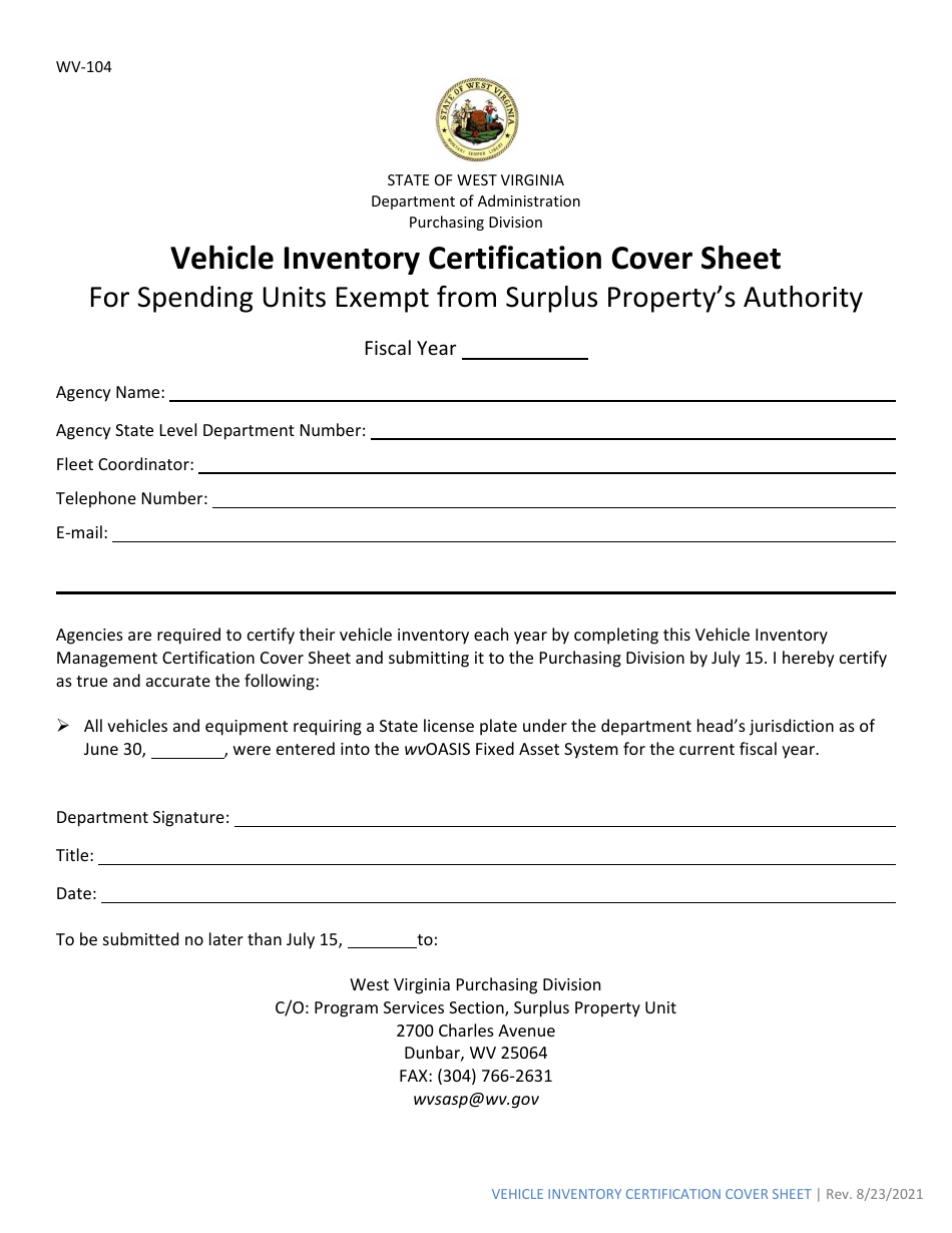 Form WV-104 Vehicle Inventory Certification Cover Sheet for Spending Units Exempt From Surplus Propertys Authority - West Virginia, Page 1