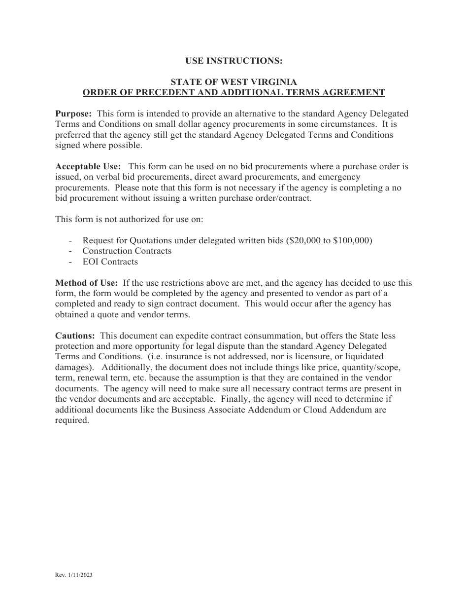 Order of Precedent and Additional Terms Agreement - West Virginia, Page 1