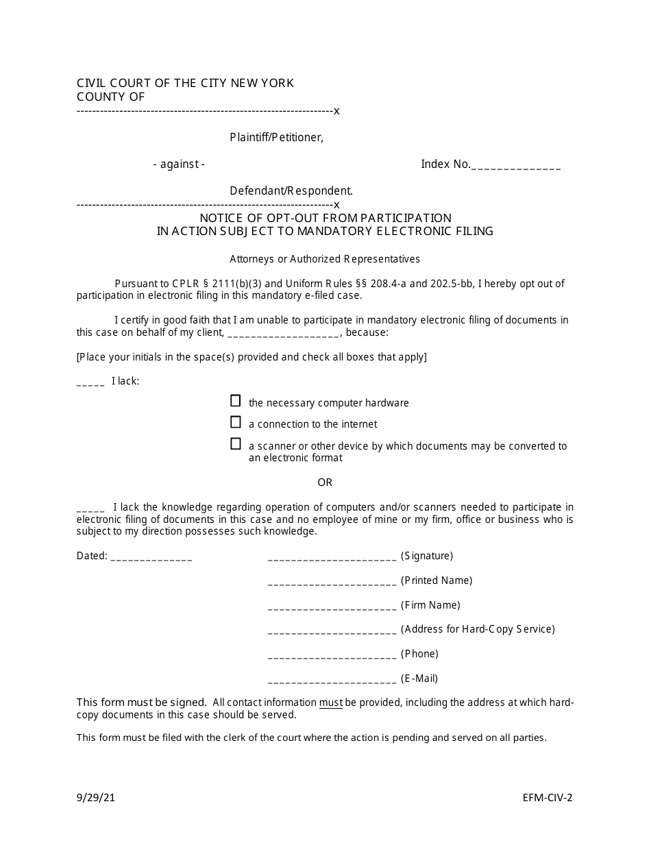 Form EFM-CIV-2 Notice of Opt-Out From Participation in Action Subject to Mandatory Electronic Filing - New York, Page 1