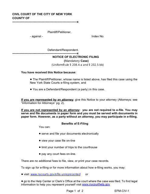 Form EFM-CIV-1 Notice of Electronic Filing (Mandatory Case) - New York
