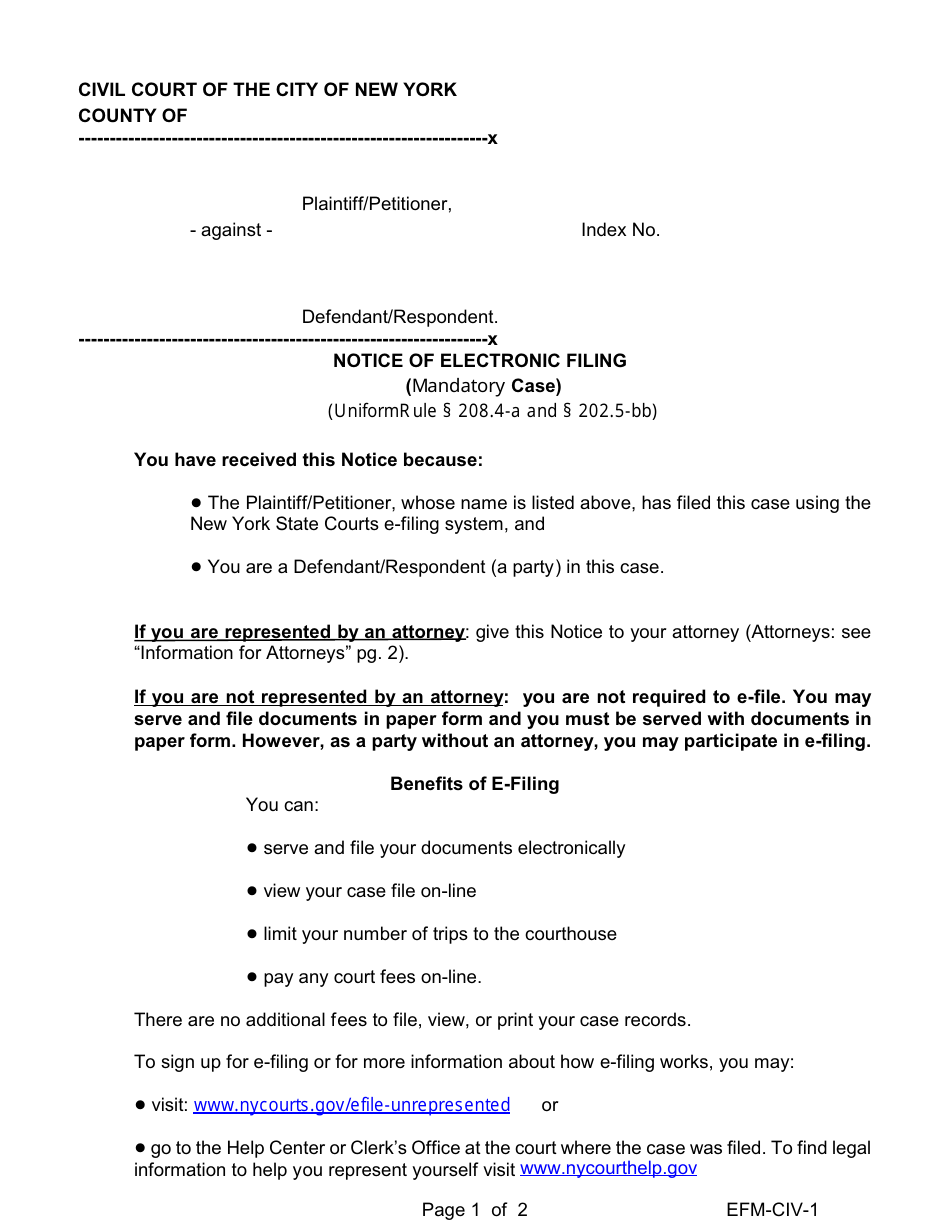 Form EFM-CIV-1 Notice of Electronic Filing (Mandatory Case) - New York, Page 1