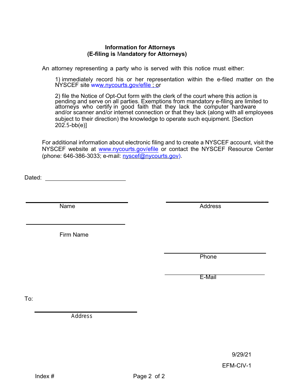 Form EFM-CIV-1 Notice of Electronic Filing (Mandatory Case) - New York, Page 2