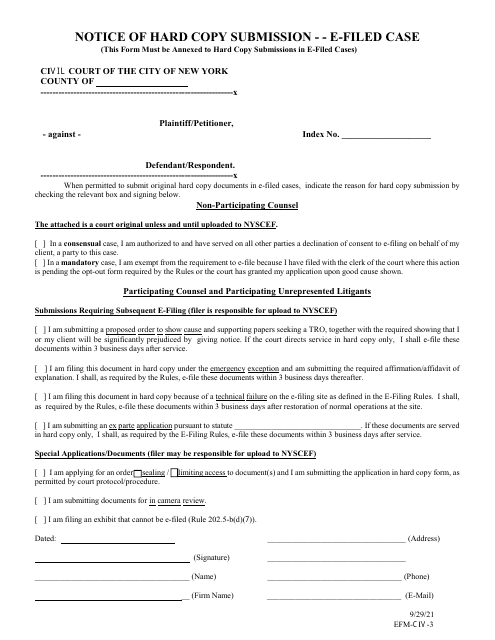 Form EFM-CIV-3 Notice of Hard Copy Submission - E-Filed Case - New York