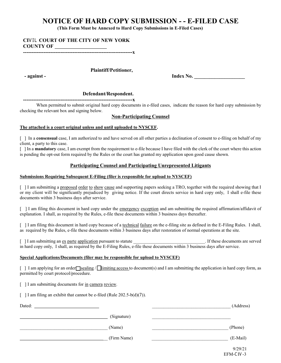 Form EFM-CIV-3 Notice of Hard Copy Submission - E-Filed Case - New York, Page 1
