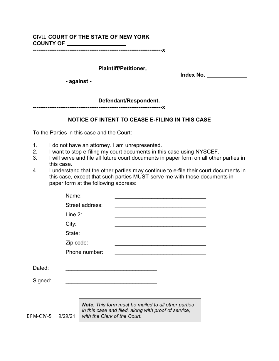 Form EFM-CIV-5 Notice of Intent to Cease E-Filing in This Case - New York, Page 1