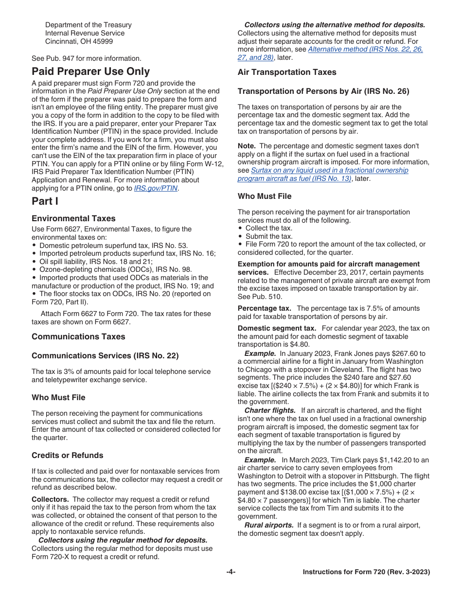 Instructions for IRS Form 720 Quarterly Federal Excise Tax Return, Page 4
