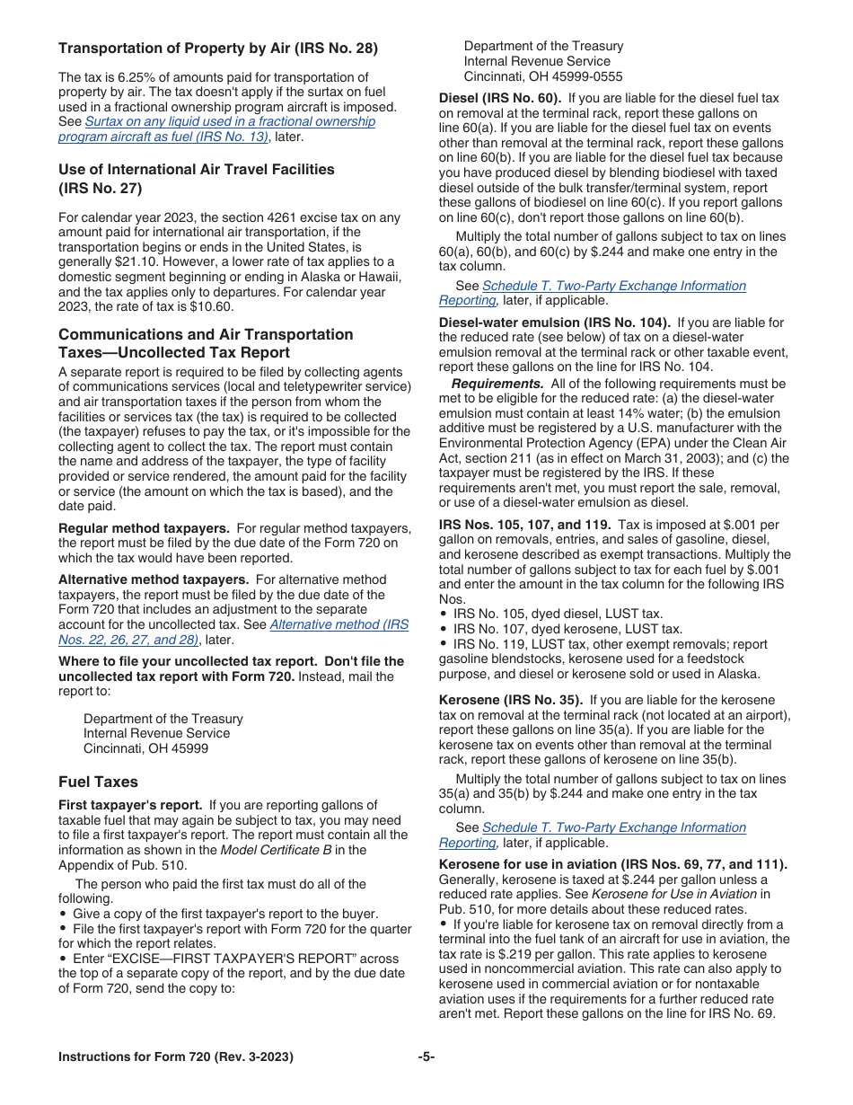 Instructions for IRS Form 720 Quarterly Federal Excise Tax Return, Page 5