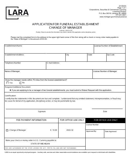 Application for Funeral Establishment Change of Manager - Michigan Download Pdf