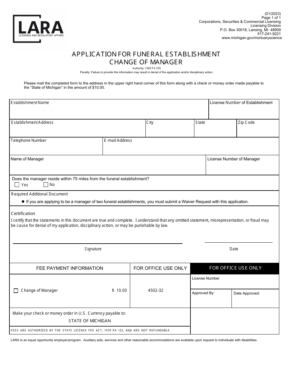 Application for Funeral Establishment Change of Manager - Michigan, Page 1