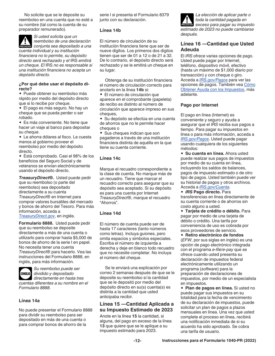 Instrucciones para IRS Formulario 1040-PR Declaracion De Impuestos Federal Sobre El Trabajo Por Cuenta Propia (Incluyendo El Credito Tributario Adicional Por Hijos Para Residentes Bona Fide De Puerto Rico) (Puerto Rican Spanish), Page 12