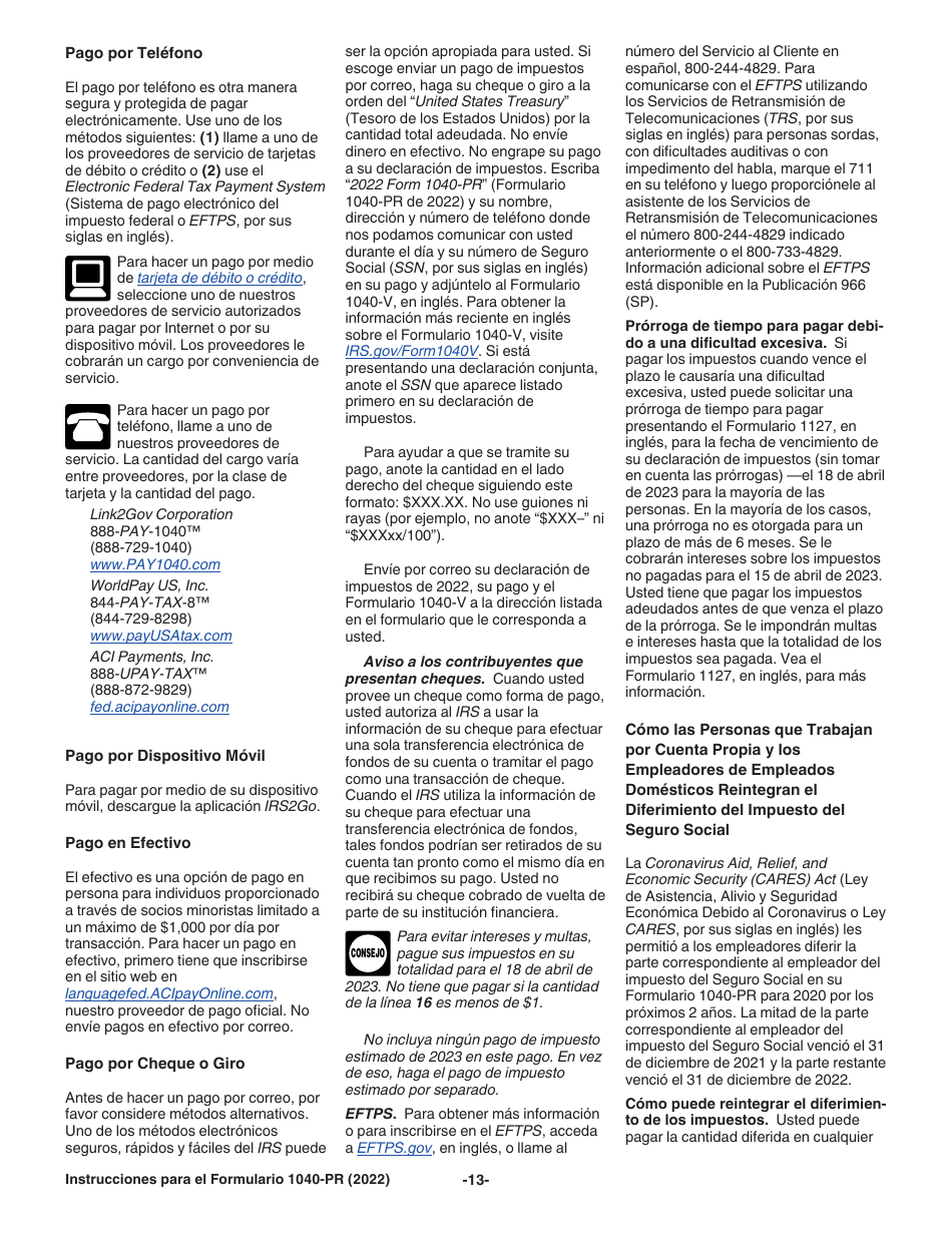 Instrucciones para IRS Formulario 1040-PR Declaracion De Impuestos Federal Sobre El Trabajo Por Cuenta Propia (Incluyendo El Credito Tributario Adicional Por Hijos Para Residentes Bona Fide De Puerto Rico) (Puerto Rican Spanish), Page 13
