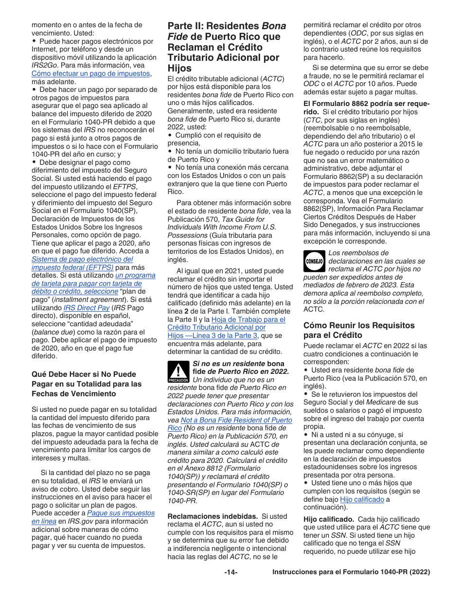 Instrucciones para IRS Formulario 1040-PR Declaracion De Impuestos Federal Sobre El Trabajo Por Cuenta Propia (Incluyendo El Credito Tributario Adicional Por Hijos Para Residentes Bona Fide De Puerto Rico) (Puerto Rican Spanish), Page 14