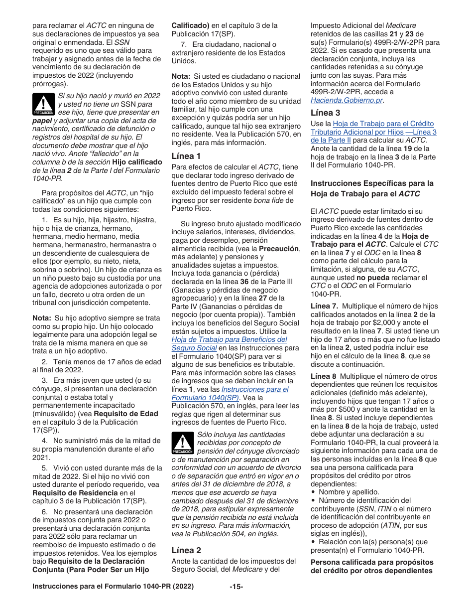 Instrucciones para IRS Formulario 1040-PR Declaracion De Impuestos Federal Sobre El Trabajo Por Cuenta Propia (Incluyendo El Credito Tributario Adicional Por Hijos Para Residentes Bona Fide De Puerto Rico) (Puerto Rican Spanish), Page 15