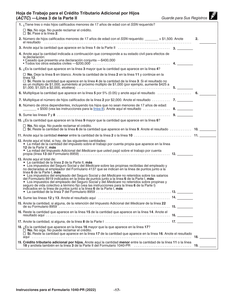 Instrucciones para IRS Formulario 1040-PR Declaracion De Impuestos Federal Sobre El Trabajo Por Cuenta Propia (Incluyendo El Credito Tributario Adicional Por Hijos Para Residentes Bona Fide De Puerto Rico) (Puerto Rican Spanish), Page 17