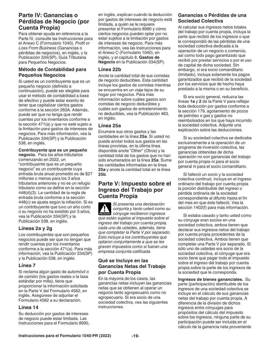 Instrucciones para IRS Formulario 1040-PR Declaracion De Impuestos Federal Sobre El Trabajo Por Cuenta Propia (Incluyendo El Credito Tributario Adicional Por Hijos Para Residentes Bona Fide De Puerto Rico) (Puerto Rican Spanish), Page 19