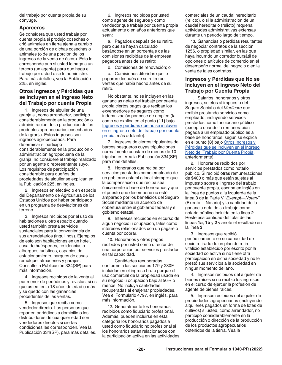 Instrucciones para IRS Formulario 1040-PR Declaracion De Impuestos Federal Sobre El Trabajo Por Cuenta Propia (Incluyendo El Credito Tributario Adicional Por Hijos Para Residentes Bona Fide De Puerto Rico) (Puerto Rican Spanish), Page 20