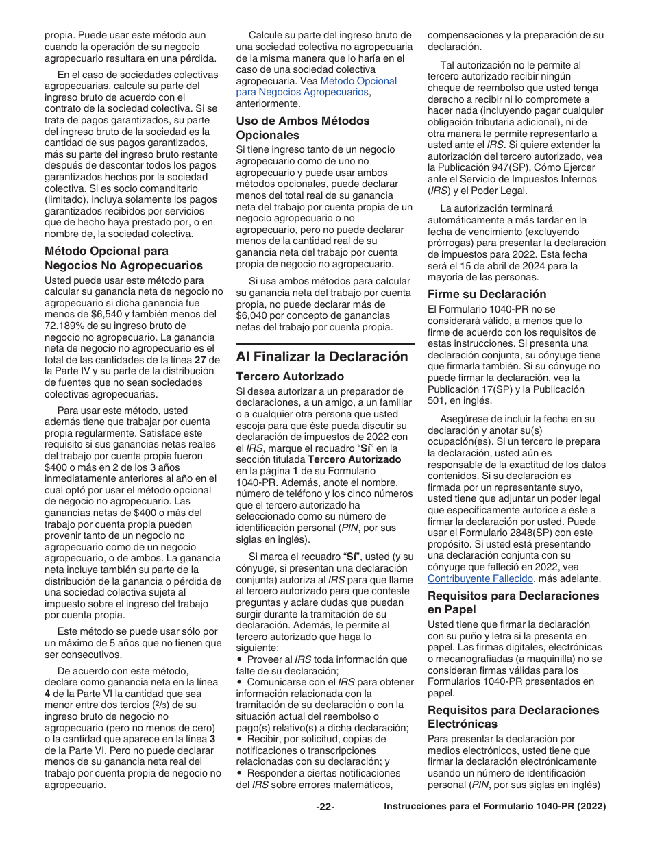 Instrucciones para IRS Formulario 1040-PR Declaracion De Impuestos Federal Sobre El Trabajo Por Cuenta Propia (Incluyendo El Credito Tributario Adicional Por Hijos Para Residentes Bona Fide De Puerto Rico) (Puerto Rican Spanish), Page 22