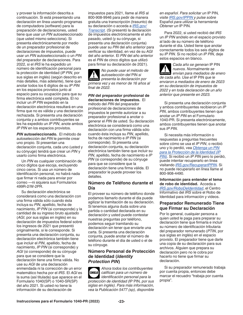Instrucciones para IRS Formulario 1040-PR Declaracion De Impuestos Federal Sobre El Trabajo Por Cuenta Propia (Incluyendo El Credito Tributario Adicional Por Hijos Para Residentes Bona Fide De Puerto Rico) (Puerto Rican Spanish), Page 23
